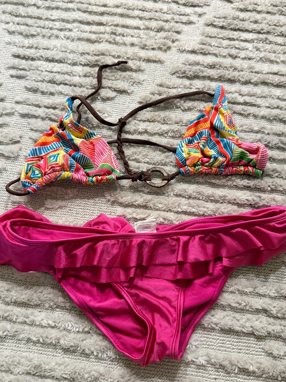 Roxy Multicolor Pattern & Fuchsia Pink Ruffle Bikini - Picture 1 of 2